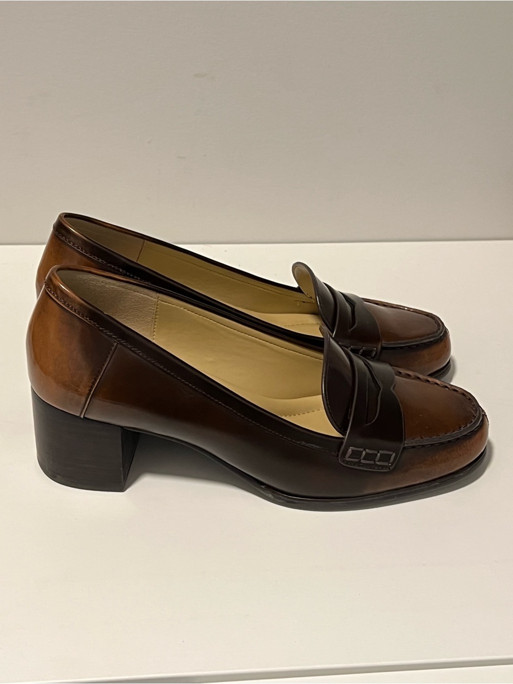 Michael Kors Two-Tone Brown Leather Block Heel Loafers